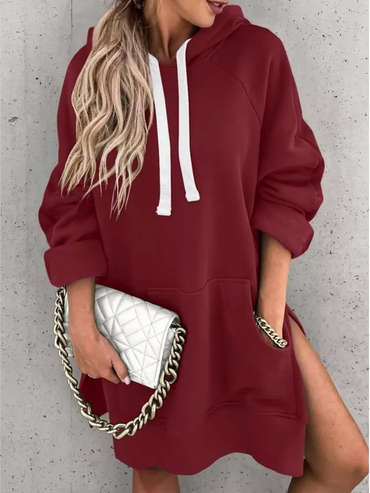 

Fashion Solid Hooded Long Tops For Women Casual Loose Long Sleeve Hoodie Top With Pocket Female Autumn Winter Warm Ladies Tops