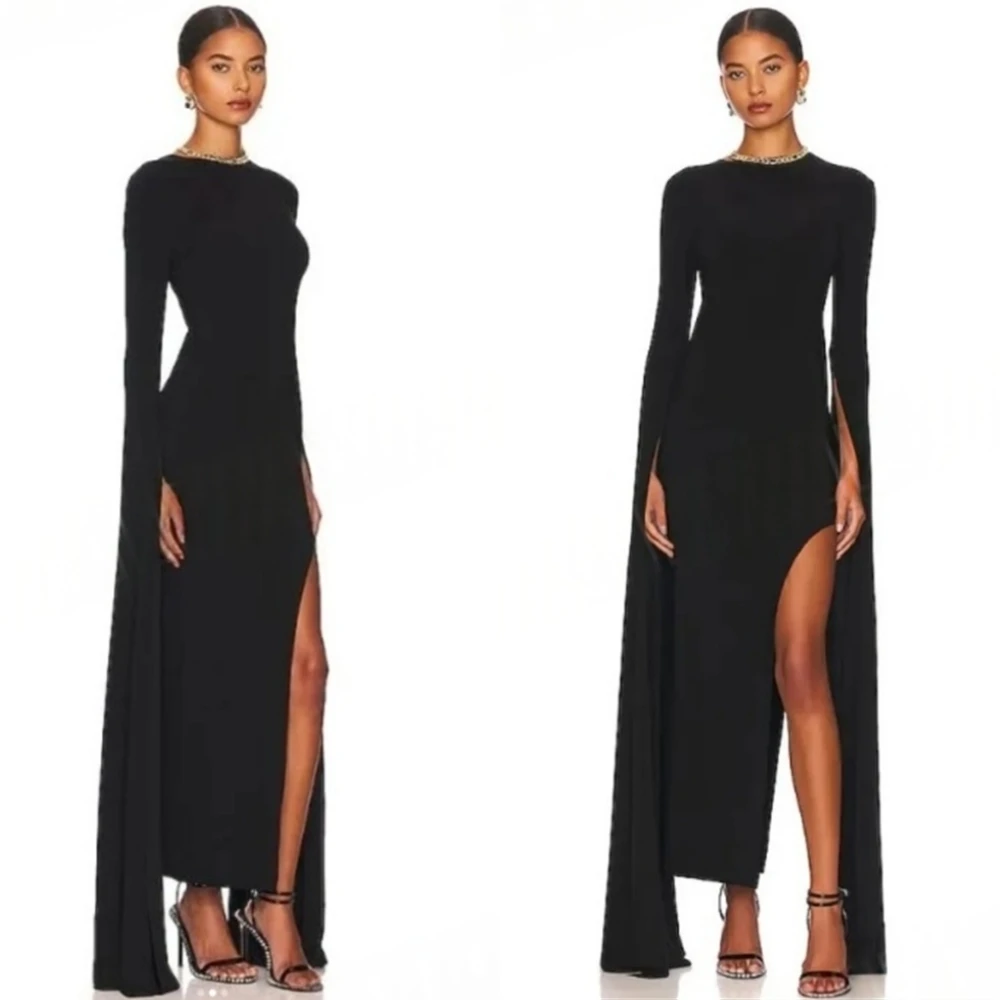 

Customized Simple Black Jersey Evening Dress Classic O-Neck Long Sleeves Celebrity Gowns Fashion Backless Straight Prom Dresses