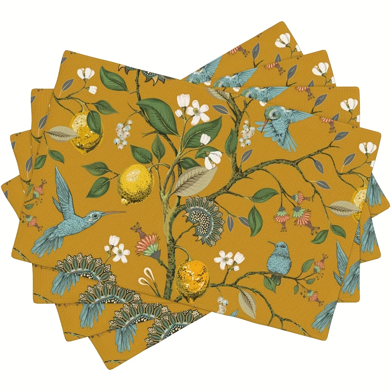 4/6/8pc Summer Lemon Mustard Hummingbird Linen Placemats Vintage Botanical Kitchen Dining Table Decor Washable Heat Resistant