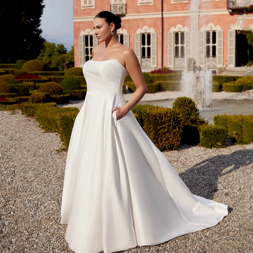 

Customized Strapless Satin Plus Size A-Line Wedding Dress With Bow Backless Sleeveless Minimalism Vestidos Bridal Gown