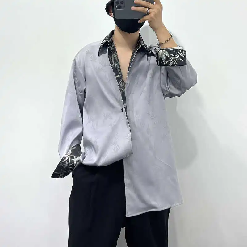 

2026 New Streetwear Men's Casual Long Sleeved Shirt Korean Street Fashion Contrasting Print Turndown Collar Loose Shirt for Men