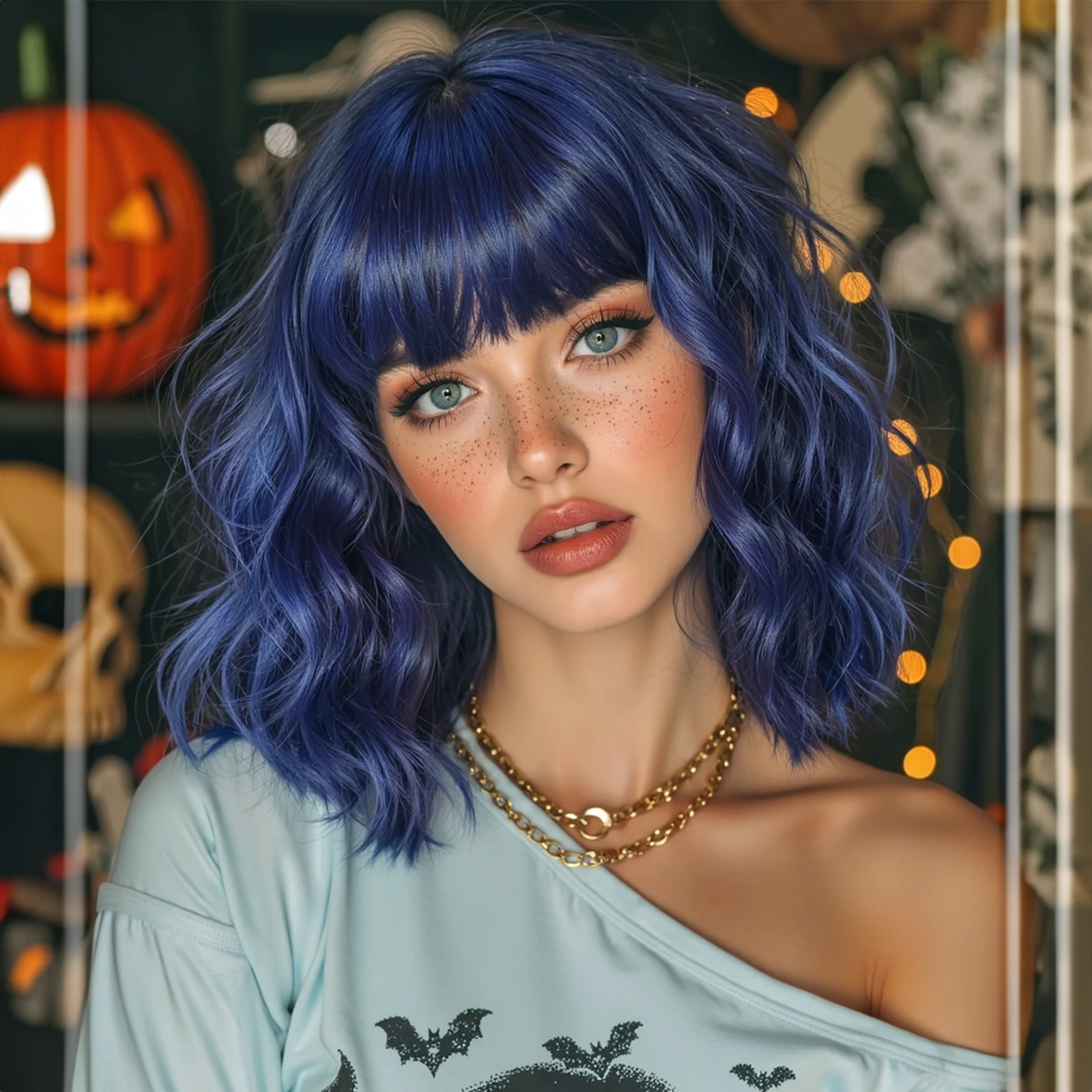 

Хэллоуин синий короткий волнистый боб синтетические парики с челкой для женщин косплей вечерние парики Лолиты термостойкий модный натуральный парик