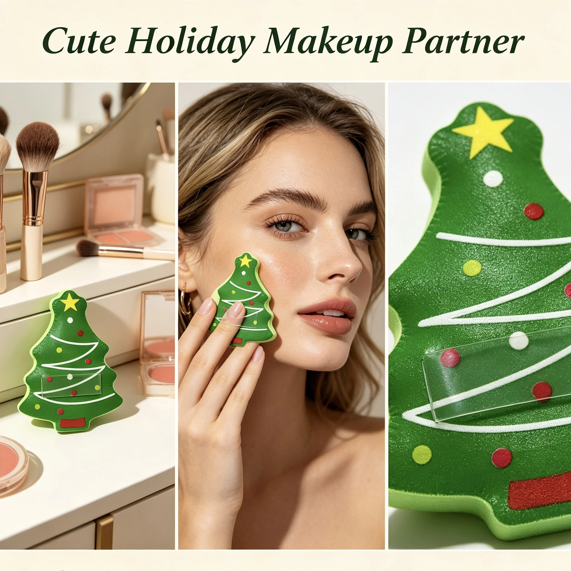 Christmas Tree-Shaped Beauty Sponge, Festive Creative Irregularly Shaped Sponge, Dual-Use (Wet/Dry), Non-Absorbs Powder
