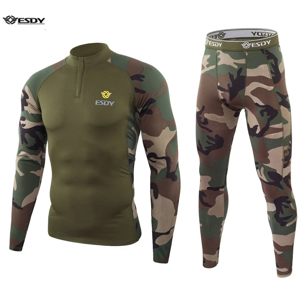 ESDY Camouflage underwear Men\'s standing collar sports fitness suit Outdoor tactical training Hiking travel fleece thermal unde