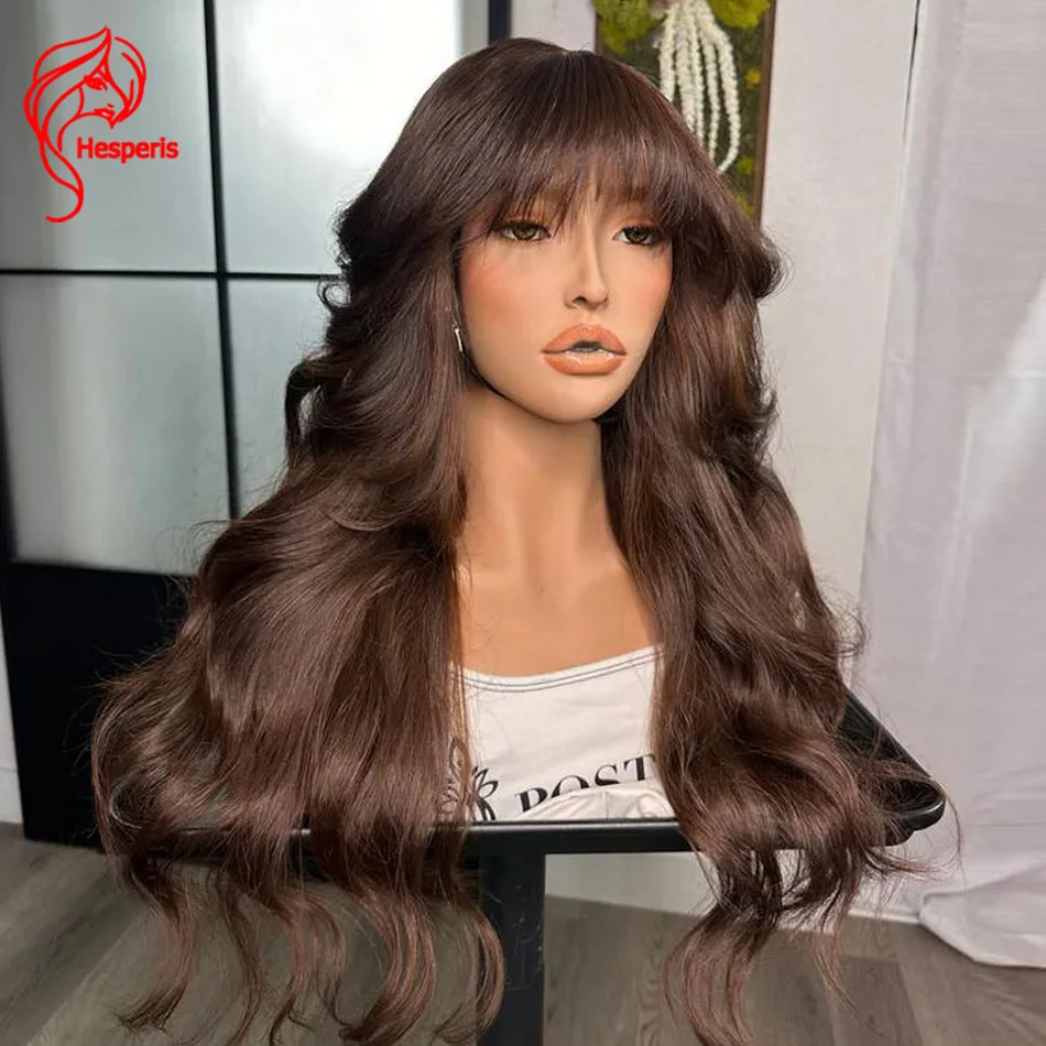 

Hesperis 200 Density Human Hair Wig With Bangs Brown Color Scalp Top Full Machine Made Ready To Wear Wigs With Fringe For Women