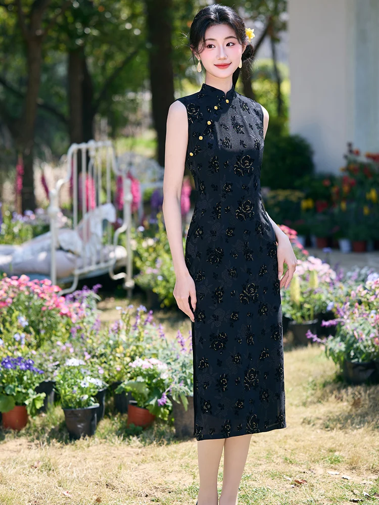 

Повседневный черный свадебный костюм-платье без рукавов в винтажном стиле с цветочным принтом для женщин, стройнящий силуэт