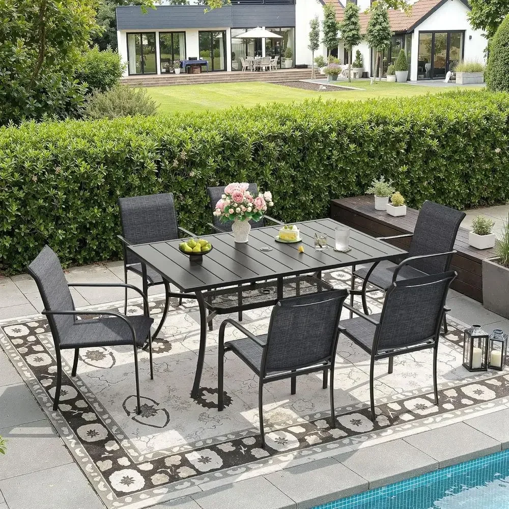 

7-Piece Patio Dining Set: Grey Stackable Sling Chairs with 59.2 Rectangular Metal Table