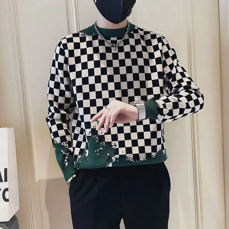 Plaid Sweater Men Spring Autumn Slim Round Neck Knitted Winter Base Sweater