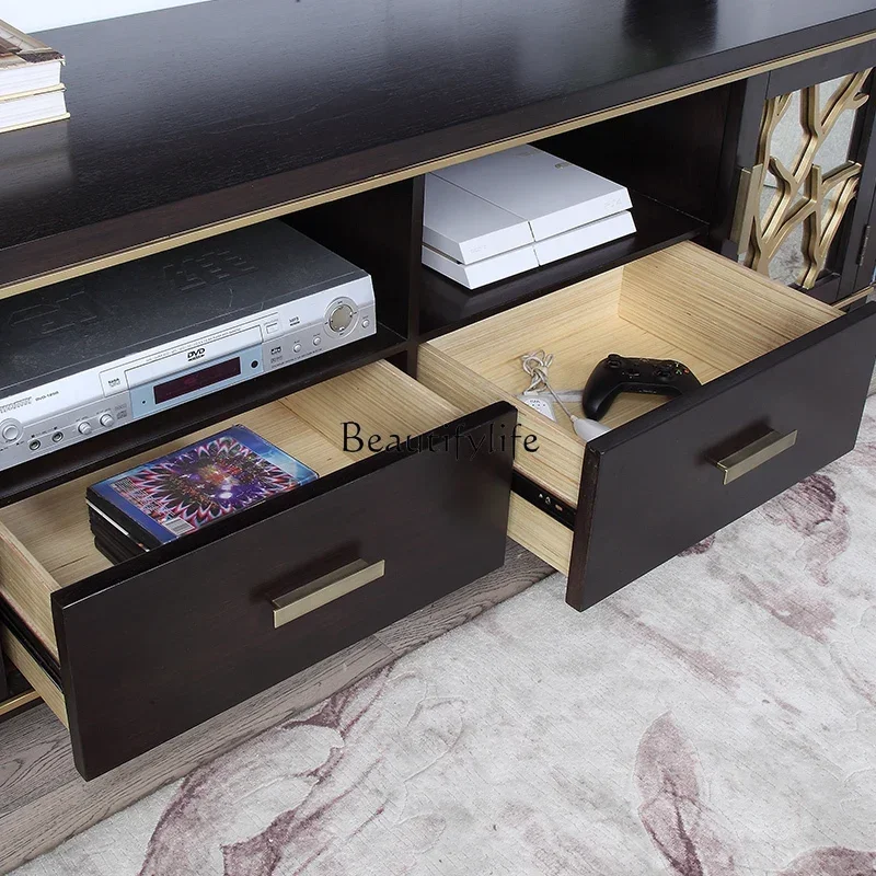 yj32 L. خزانة تلفزيون فاخرة خفيفة أمريكية لغرفة المعيشة أثاث من الخشب الصلب خزانة أرضية من خشب الجوز الأسود