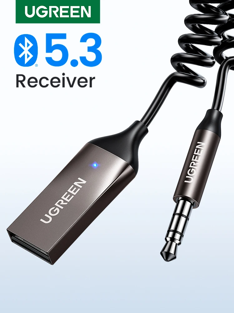 UGREEN 블루투스 5.3 Aux 어댑터, 무선 차량 블루투스 리시버, USB 3.5mm 잭 오디오 마이크, 자동차 스피커용 핸즈프리 어댑터 