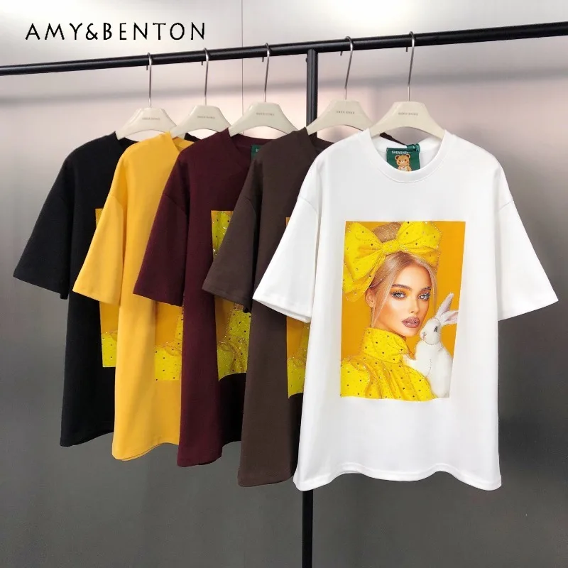 

American Style Trendy Original Heavy-industry Diamond Drills Character Print Tees Loose Cotton Short-sleeved T-shirts Pullover