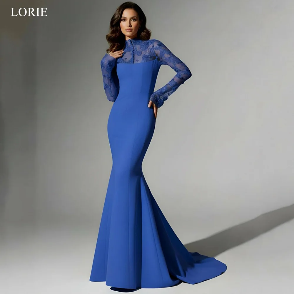 

LORIE Elegant Bule Party Dresses Lace Full Sleeves Evening Prom Dress Sheath Mermaid Prom Gowns Customized