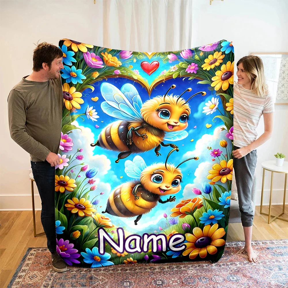 Customized Name Personalized Blanket Yellow Bee Pattern Text Children Warm Soft Blankets Home Travel and Comfortable Blanket