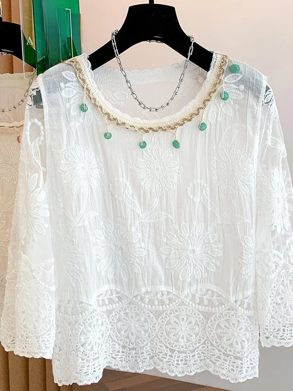 

Handmade Beaded Embroidered Bohemian Style round Neck T-Shirt Summer New Arrival plus Size Women's Fashion Versatile Crew Nec...