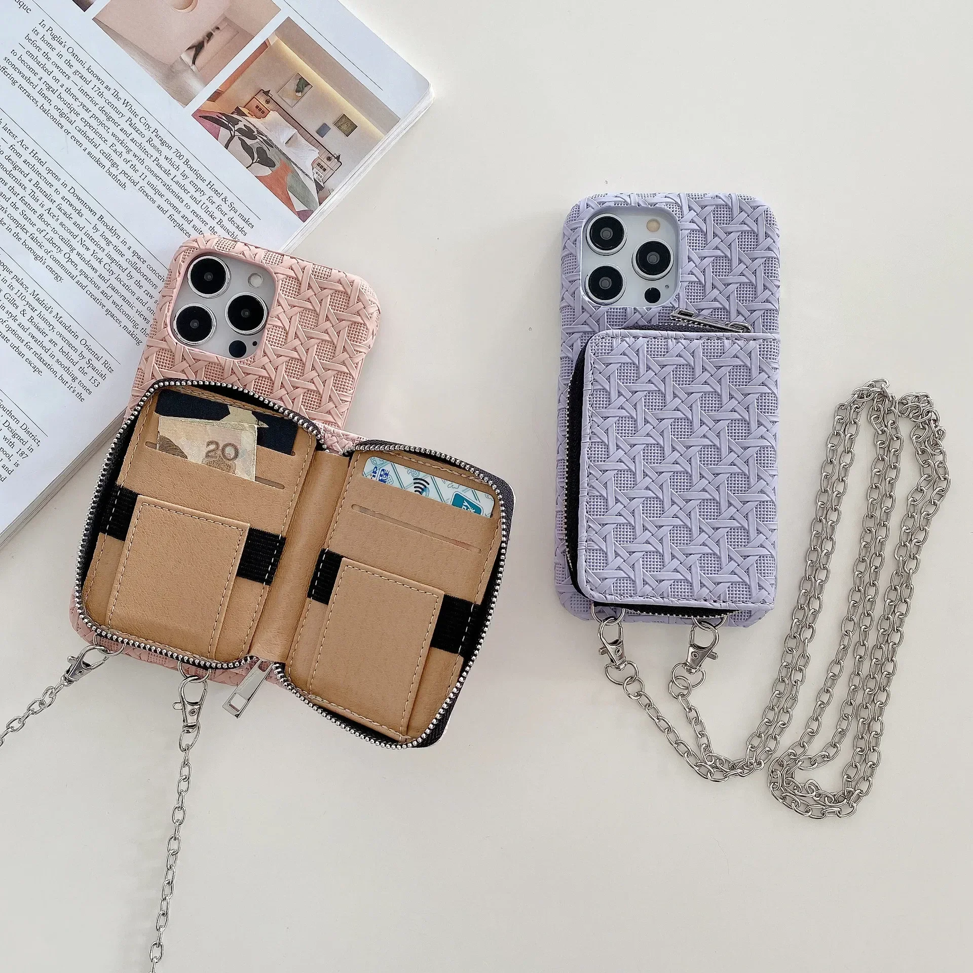 The New Model Is Suitable for iPhone 15 Phone Case 14 Promax Woven Pattern Zipper Card Bag 13 Pro Crossbody 12 Protection Cover