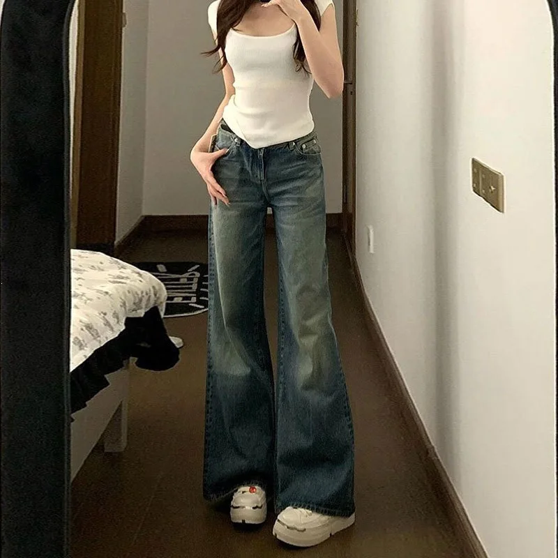 Retro Blue Bell Bottom Jeans Women High Waist Straight Leg Denim Pants Autumn Slimming Trousers for Pear Shaped Body
