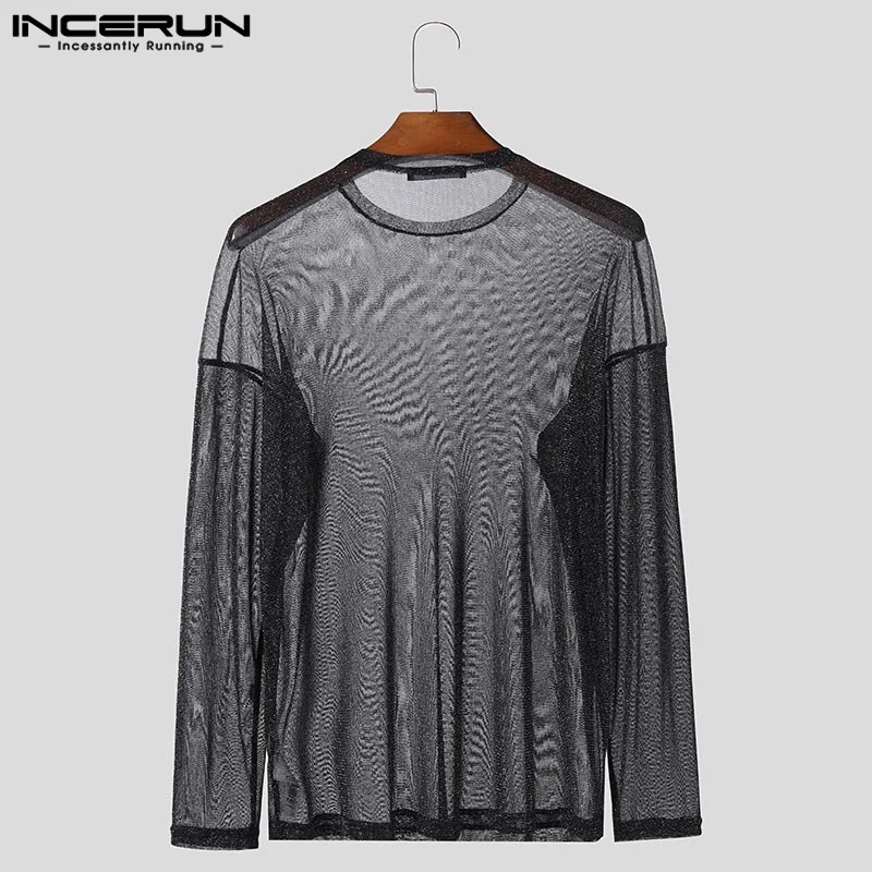 INCERUN Men T Shirt Mesh Transparent Shiny O-neck Long Sleeve Solid Sexy Camisetas Streetwear 2024 Party Fashion Men Clothing