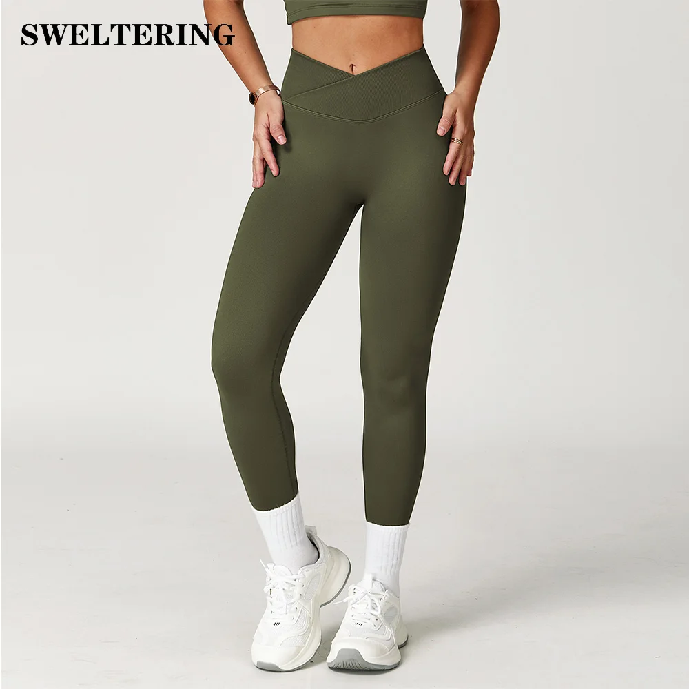 

Women Yoga Leggings Seamless Fitness Leggings Running Cycling Pants Cross Waist Head Sports Legging High Waist Workout Gym Tight
