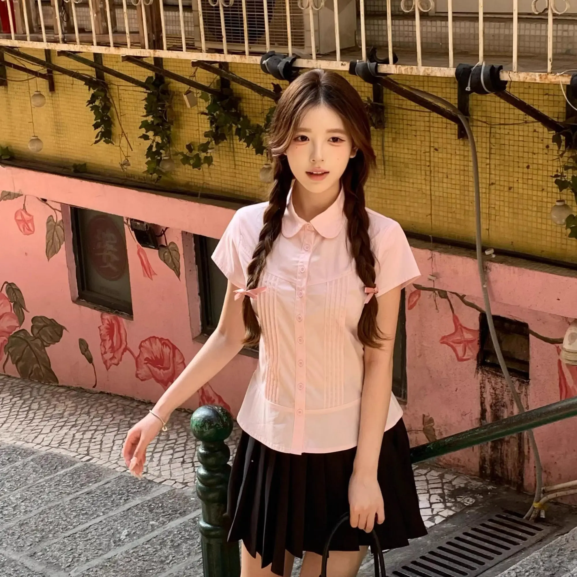 

Korean Sweet Pink Short-sleeved Shirt Female Summer 2025 New Loose Casual Waist All Small Fly Sleeve Top