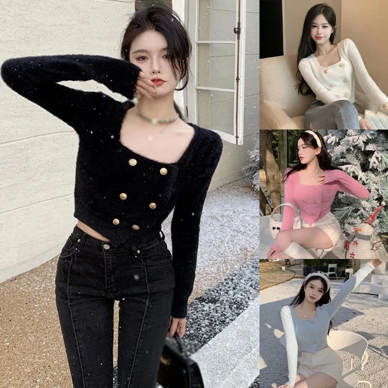 Short Style Double Breasted Mink Elegant Sweater Long Sleeve Korean Sweater Square Neck Sweet and Fashion Cardigan Tops