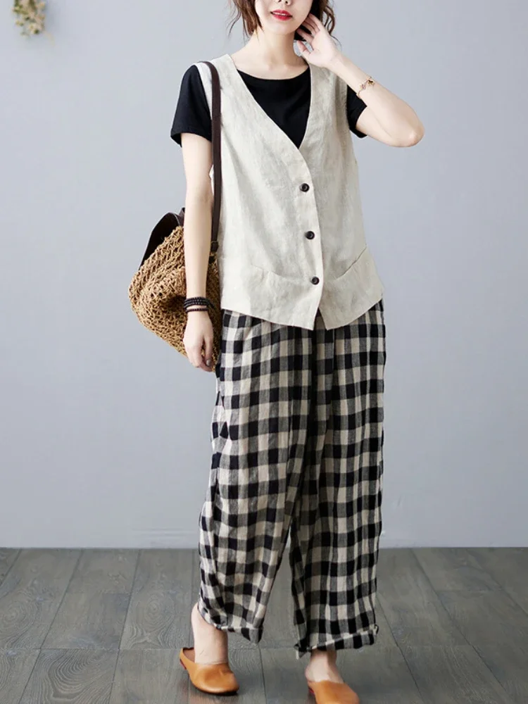 

Однотонные жилеты с v-образным вырезом, женские весенние однобортные льняные ткани в стиле ретро, универсальные для отдыха, тонкие, в корейском стиле, уличная одежда, уютная, простая