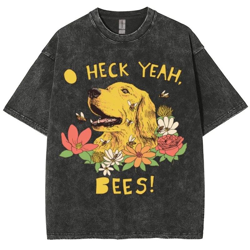 Camiseta con estampado de cachorro Labrador amarillo de dibujos animados para mujer, Top suelto de lavado de manga corta talla grande, Top de moda de estilo Simple informal lindo