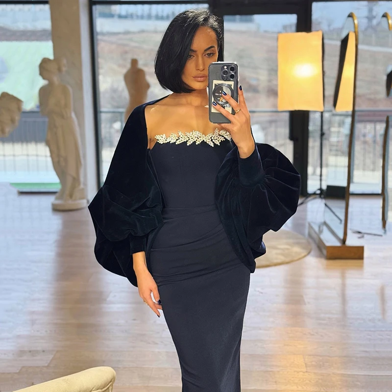 

Thinyfull Black Mermaid Prom Evening Dresses Women Strapless Beadings Shawl Long Party Dress 2025 Cocktail Prom Gowns Customized