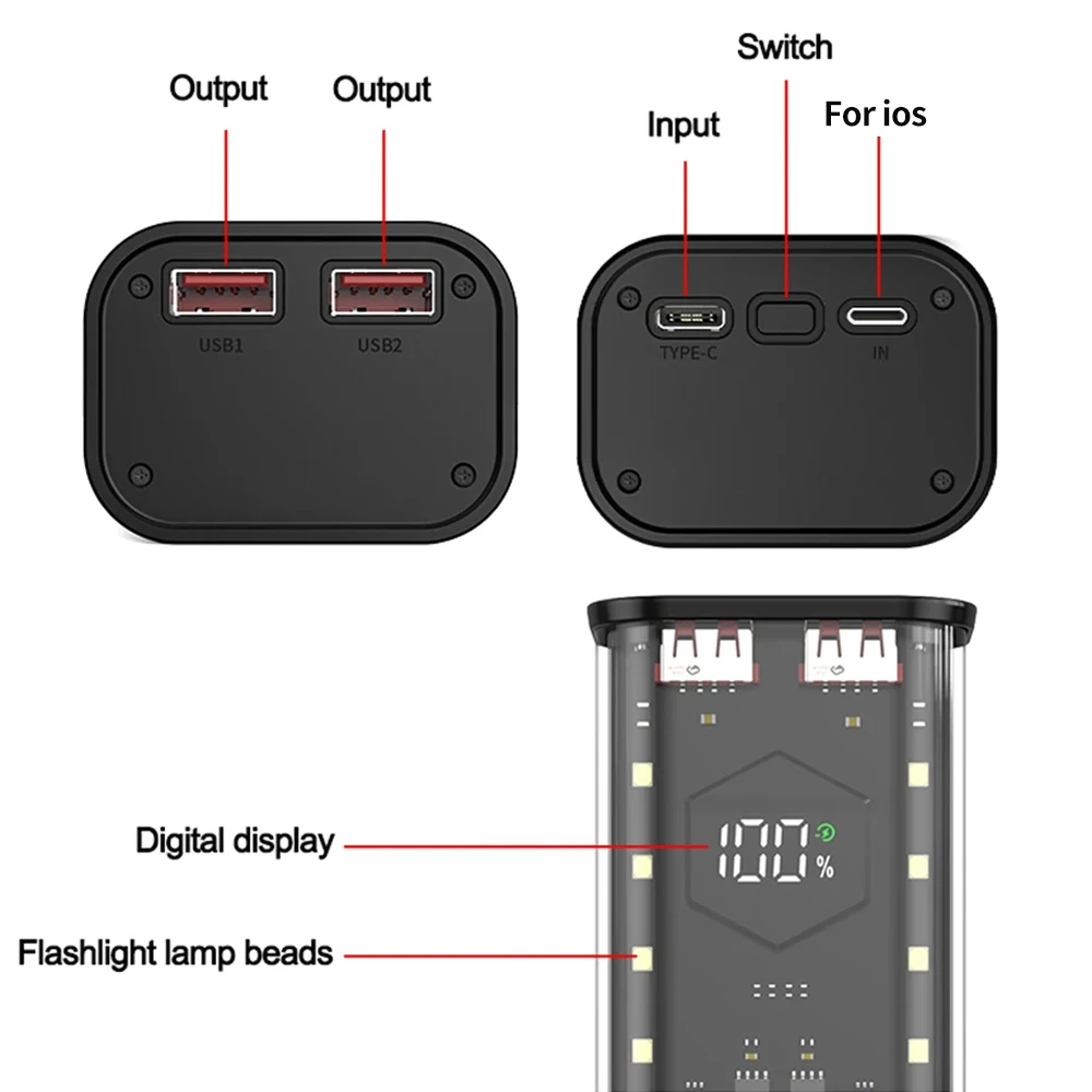 21700 Power Bank 4 Slots 21700 DIY Battery Storage Box Digital Display Dual USB Type C Charge DIY Shell Battery Holder Case