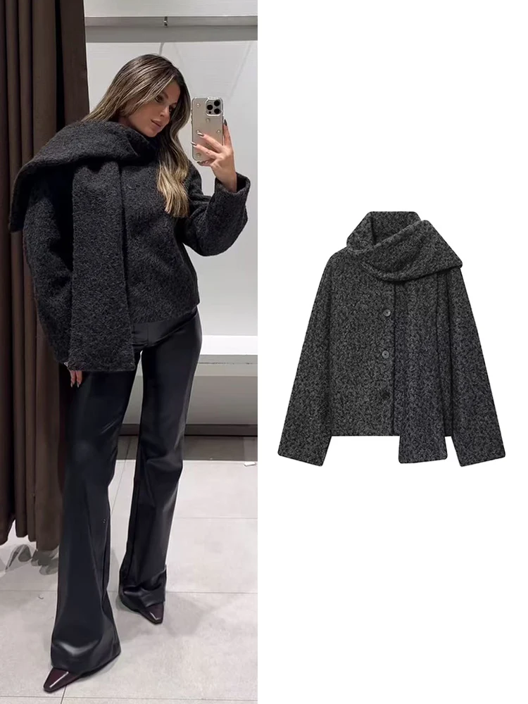 

spring Outerwear Women Solid Button Loose Jackets Warm Scarf Collar Long Sleeve Temperament Short Coat Female Fashion Style