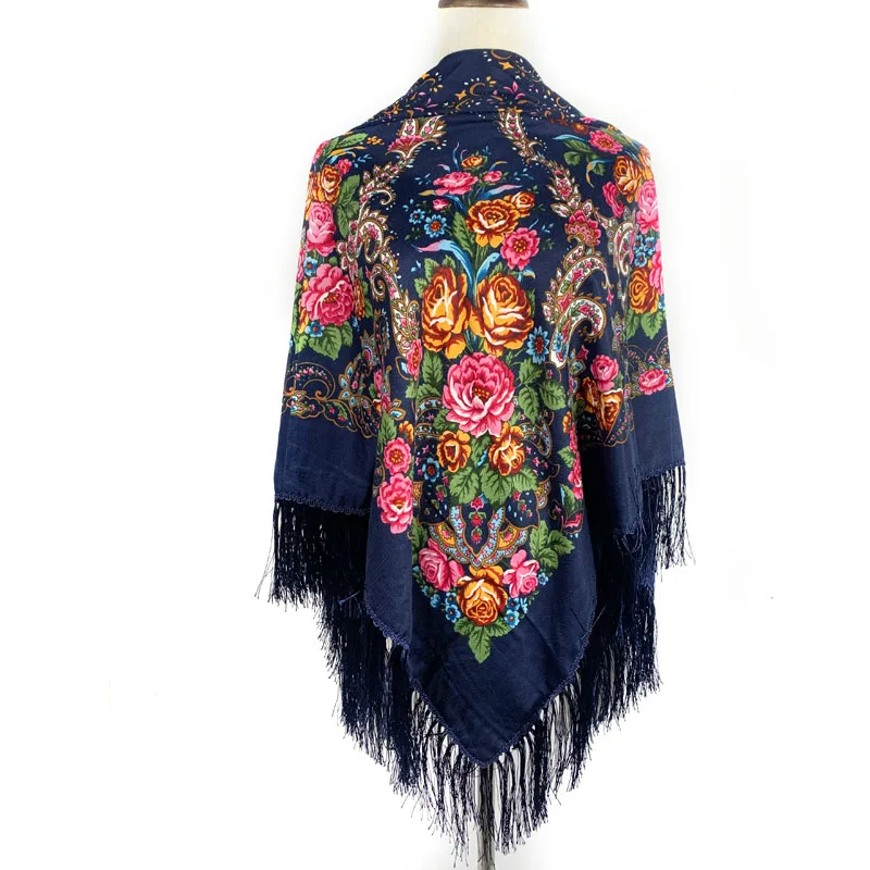 2023 New Floral Printed Russian Scarf Fringed Shawl Big Square Bandana Muslim Headscarf Hijab Ukraine Babushka Scarves