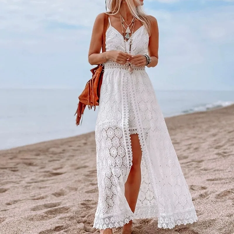 Women Spaghetti Straps Long Beach Dress Boho Summer Sleeveless Hollow Out Floral Lace Playsuit Sundress Lady Outfit