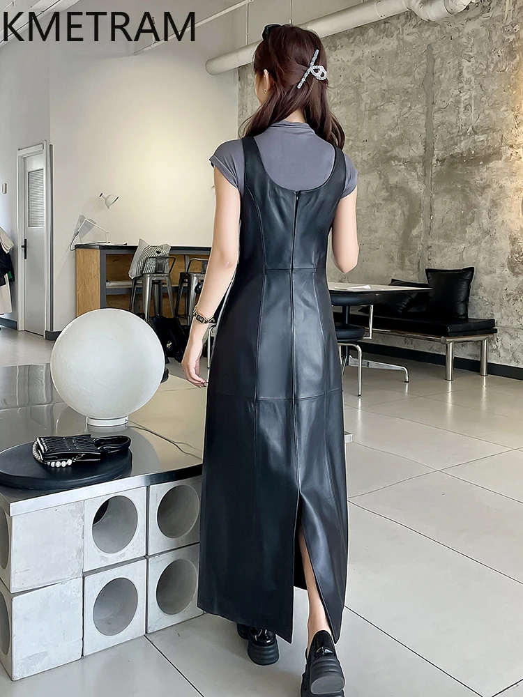 100% toplaag schapenvacht jurk Dames luxe lange zwarte echte lederen jurken Nieuw in Bovenkleding Herfstkleding 2025 Dames dhavadUSIatoria