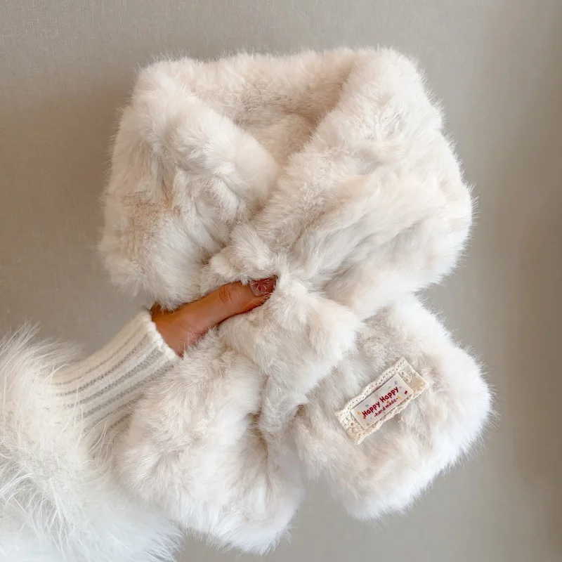 Korean Cute Cloth Label Plush Scarf Versatile Thickened Imitation Fox Hair Cross Scarf Soft Waxy Skin-friendly Warm Hair