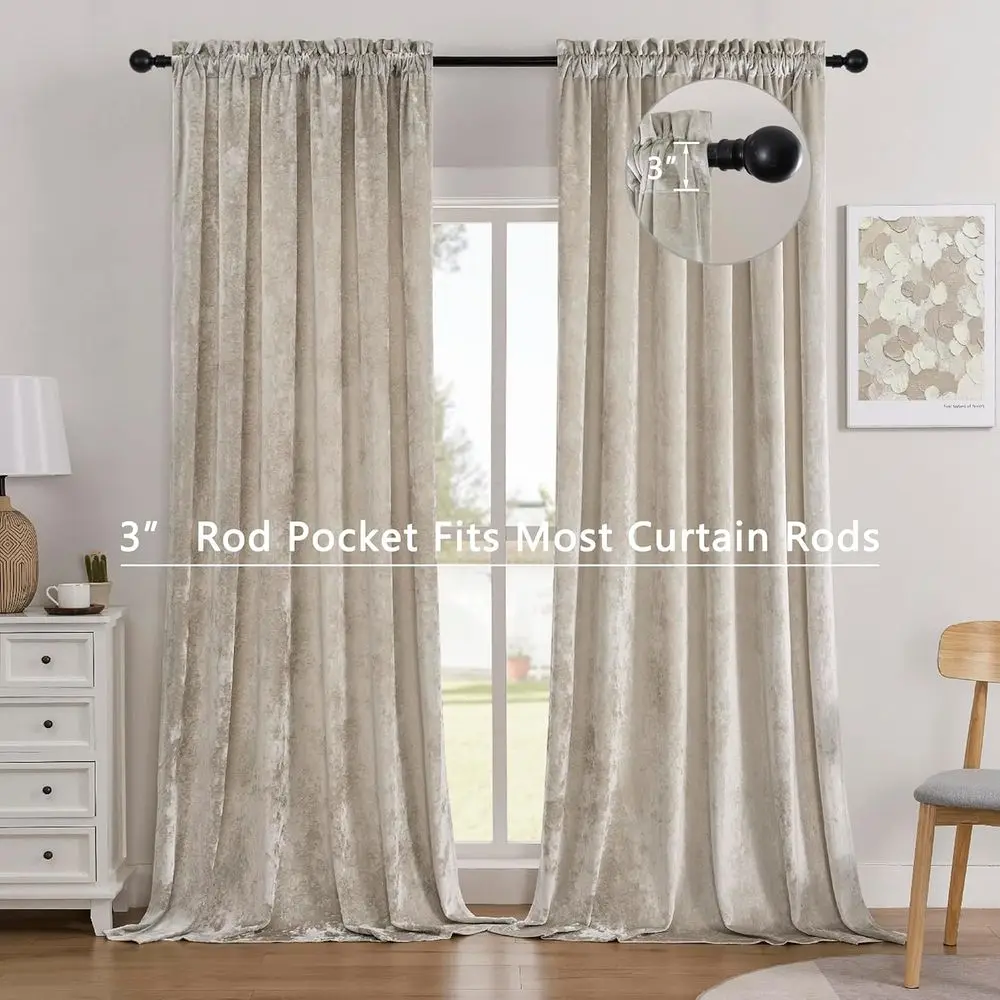 Luxury Ivory Crushed Velvet Curtains, 2-Panel Set, 52x96, Thermal Insulated, Soundproof, Light Filtering for Home Office