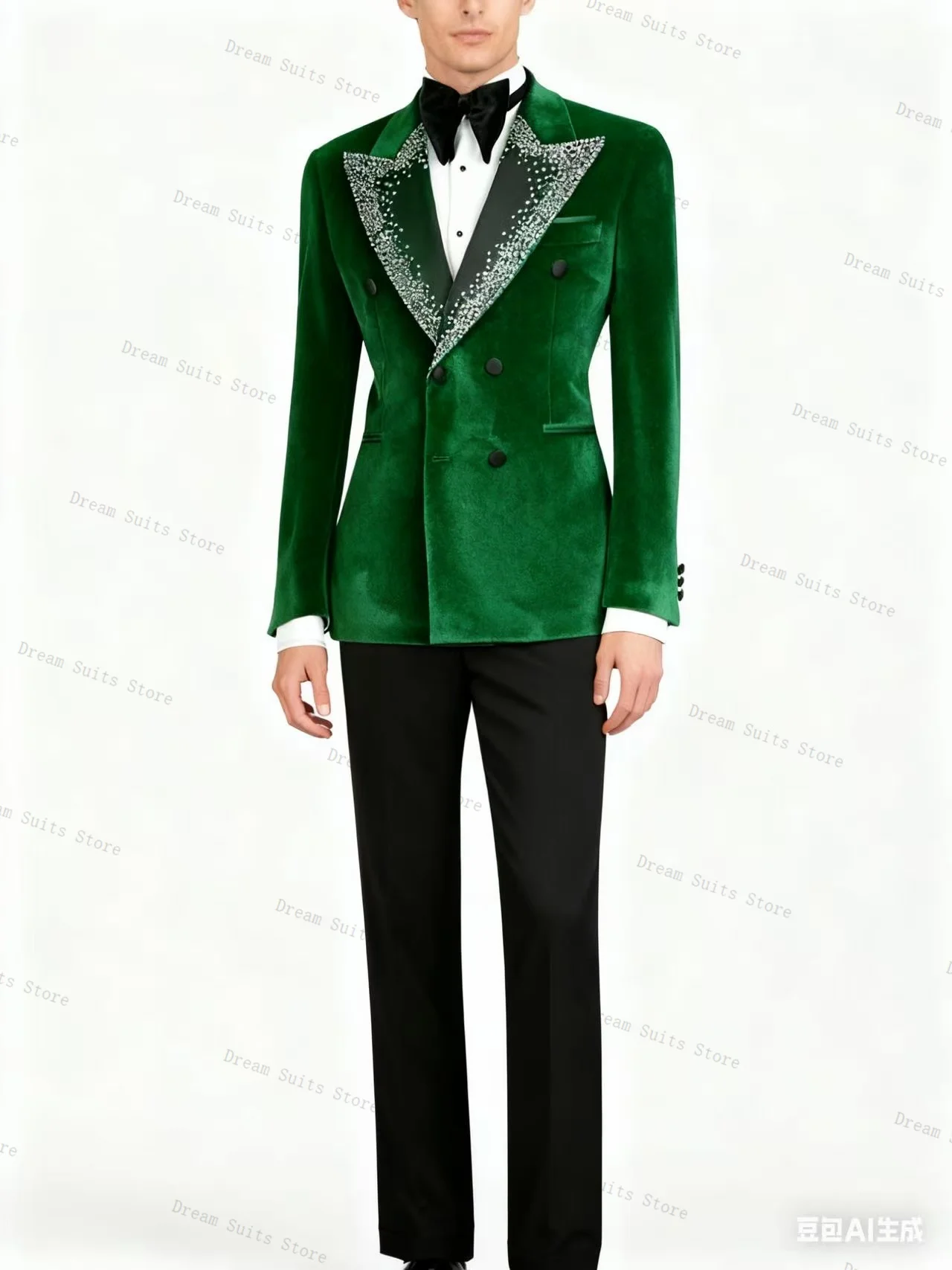 

Green Velvet Men Suit Set 2 Piece Crystals Blazer+Pants Trousers Customized Formal Business Office Jacket Wedding Tuxedos Coat