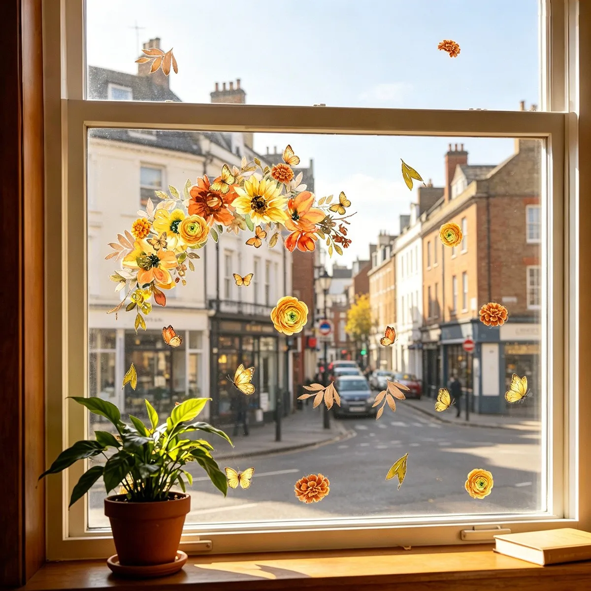 Season Static Window Clings with Sunflower and Butterfly Illustrations Reusable PVC Decals for Transparent Flat Surfaces