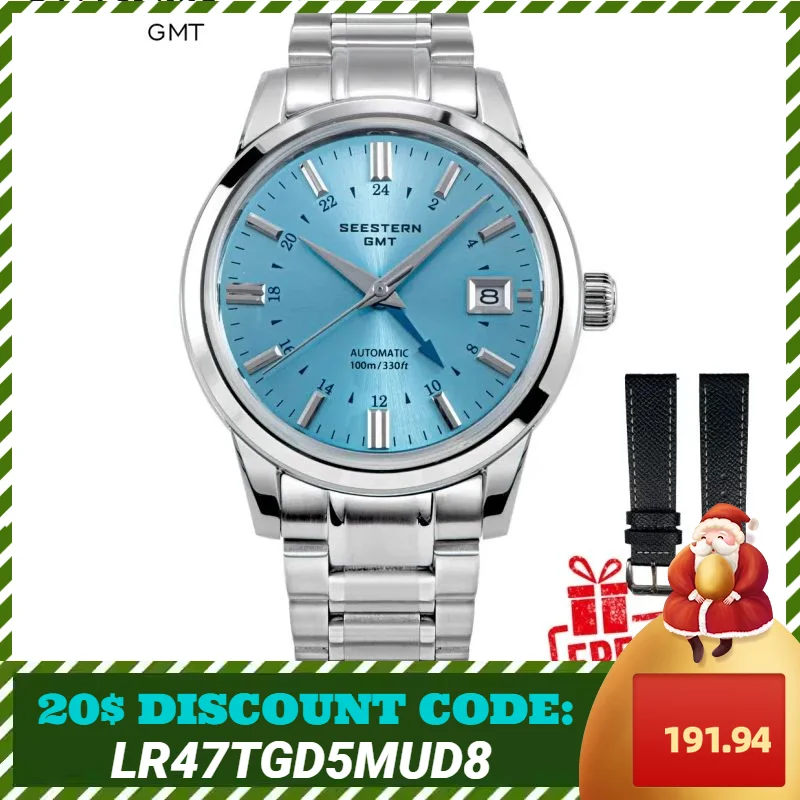 SEESTERN-Reloj de pulsera mecánico automático para hombre, cronógrafo de cristal de zafiro con cúpula, resistente al agua, movimiento NH34 GMT,