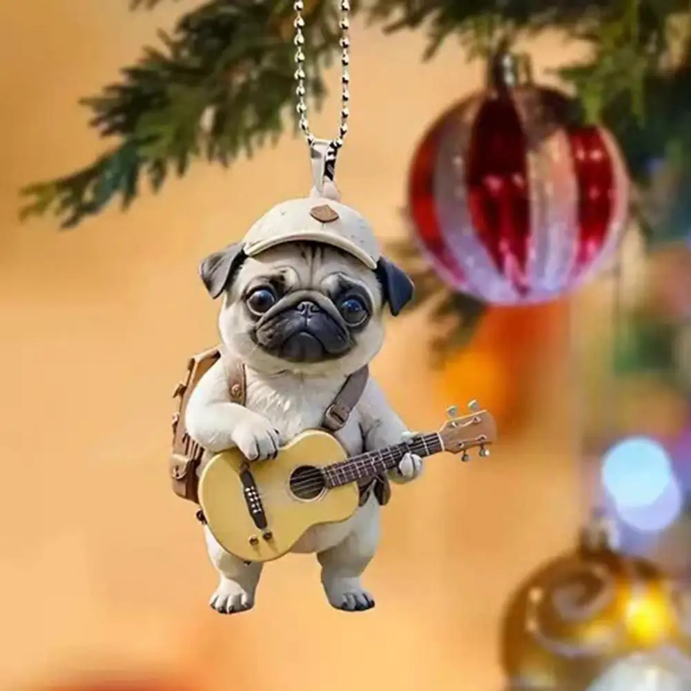 Dog Hanging Decoration Acrylic Pug Puppy Hanging Ornament for Christmas Tree Car Rearview Mirror Guitar Dog Cartoon for Home