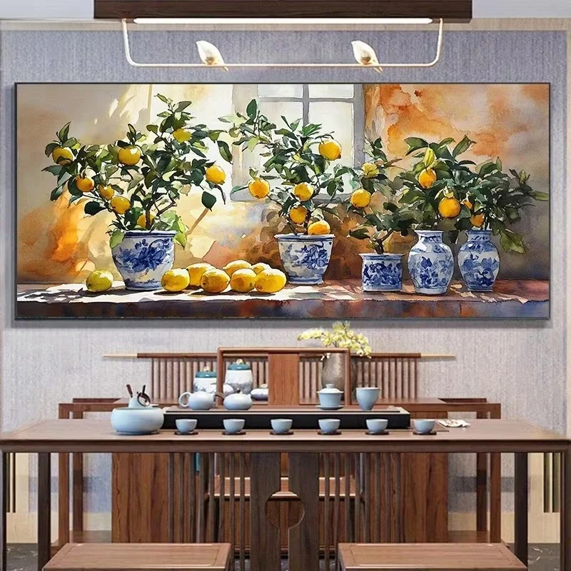

Lemons and Lime Fruits in Blue White Flower Pots DIY Diamond Painting Full Square Round Big Size Diamond Mosaic Embroidery