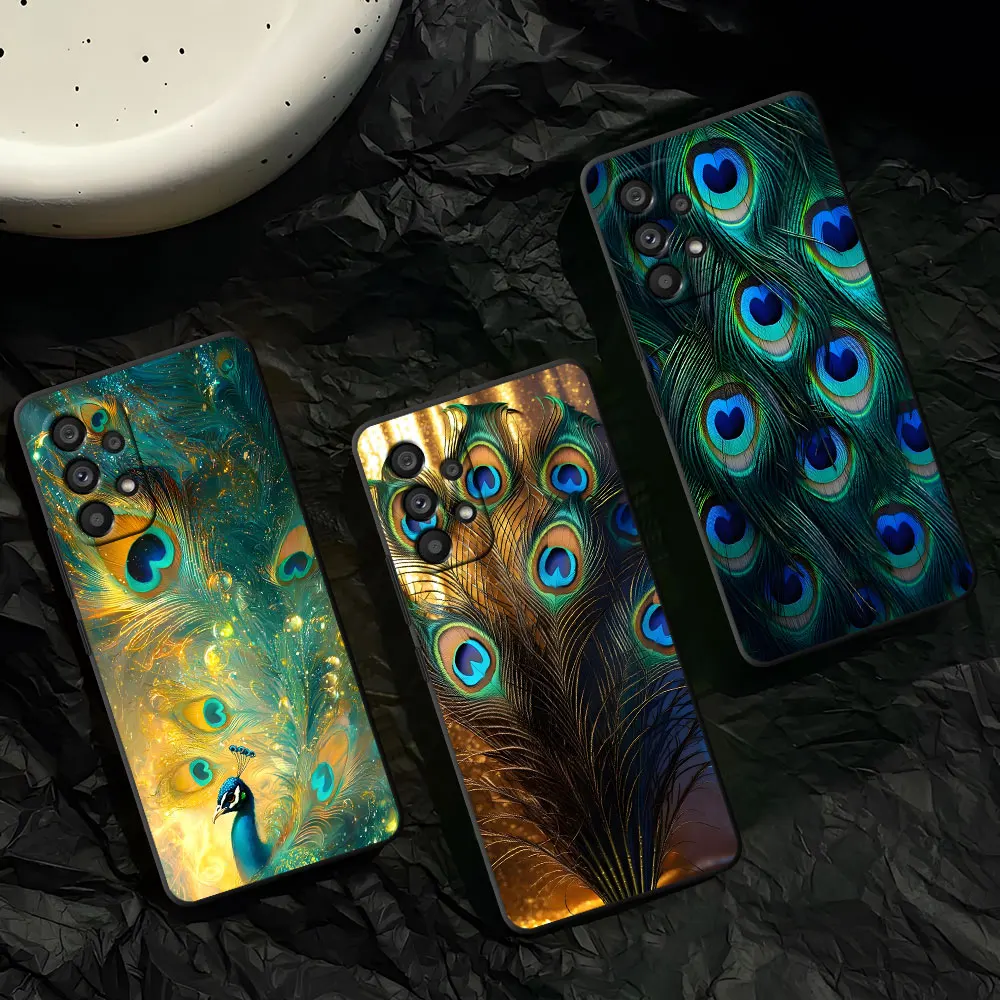 Peacock Tail Feather Phone Case For Samsung A50 A10 A20s A5 A07 A7 A70 A03s A04s A50s A05s A8 A06 A9 A01 Core TPU Black Cover