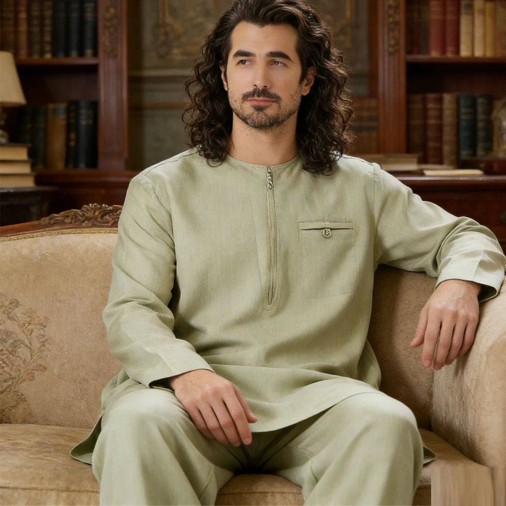 

Muslim Men Long Sleeve Tops and Pants 2 Piece Set Dubai Abaya Turkey Kaftan Daffah Dishdasha Islam Clothing Saudi Arabic Robe