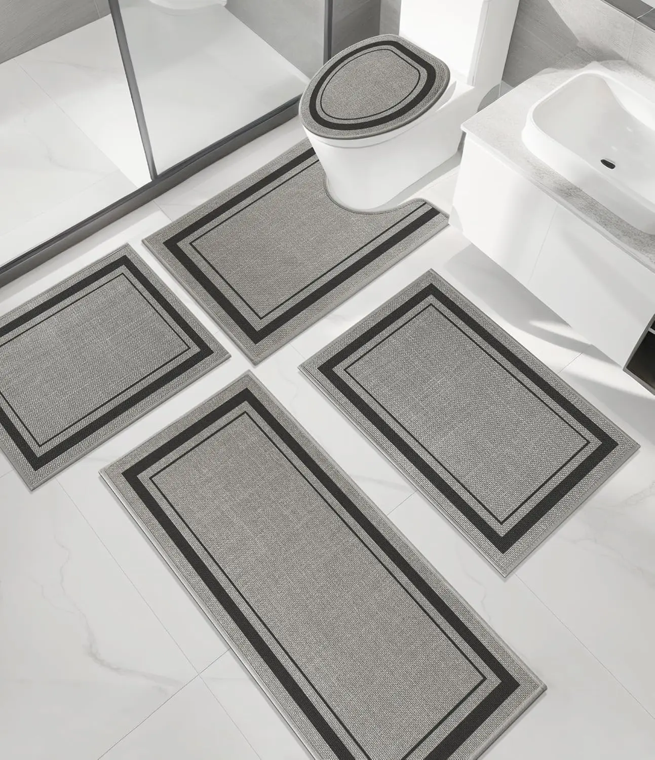 

5 Piece Bathroom Rug Sets, Ultra Thin Absorbent Non Slip Mat, Durable Geometric Pattern Dark Grey, Sizes 17x24/30/59 Inches