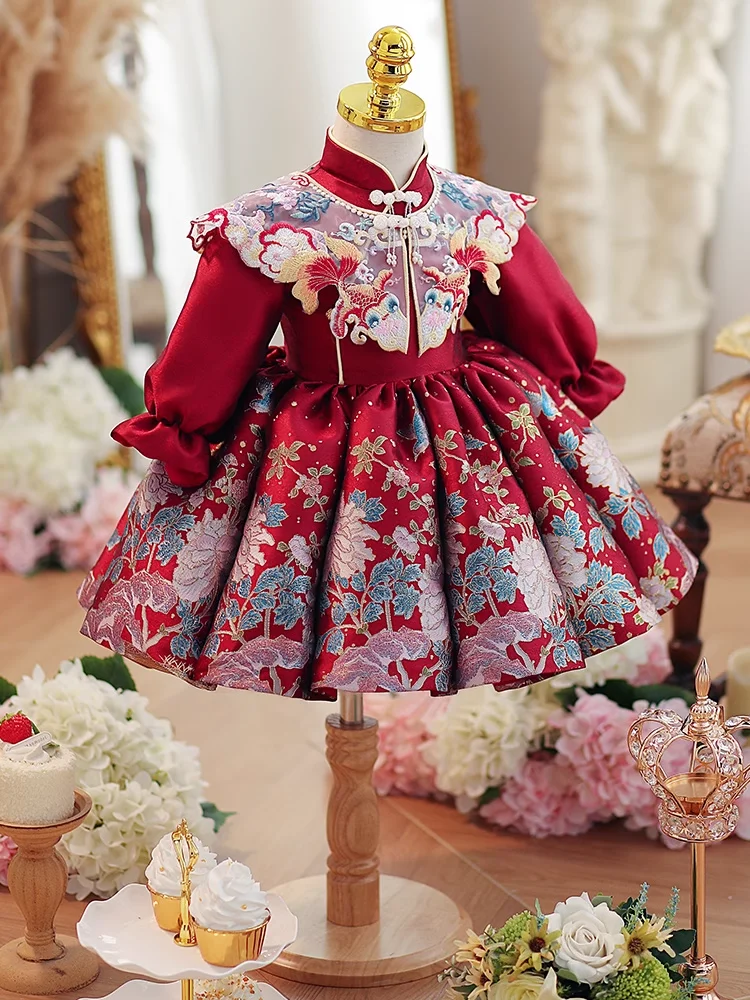 Embroidery Floral Cheongsam Kid Plus Velvet Dress Winter Princess Clothes Set Toddler Girl Autumn Clothing Children Elegant Suit