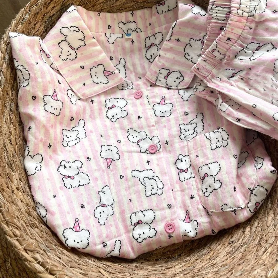 Cute Cartoon Dog Hello Kitty Pajamas Set for Women Girls Long Sleeve Sleepwear Home Clothescomfortable Loungewear Nightgown