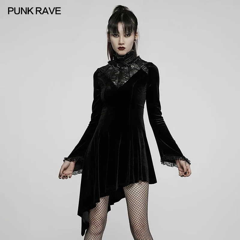 Imagem -03 - Punk Rave Gótico Feminino Assimétrico Bainha Vestido Denso Veludo Renda Gola de Metal Vestidos Cintura Ajustável com Cordão Traseiro Roupas Góticas