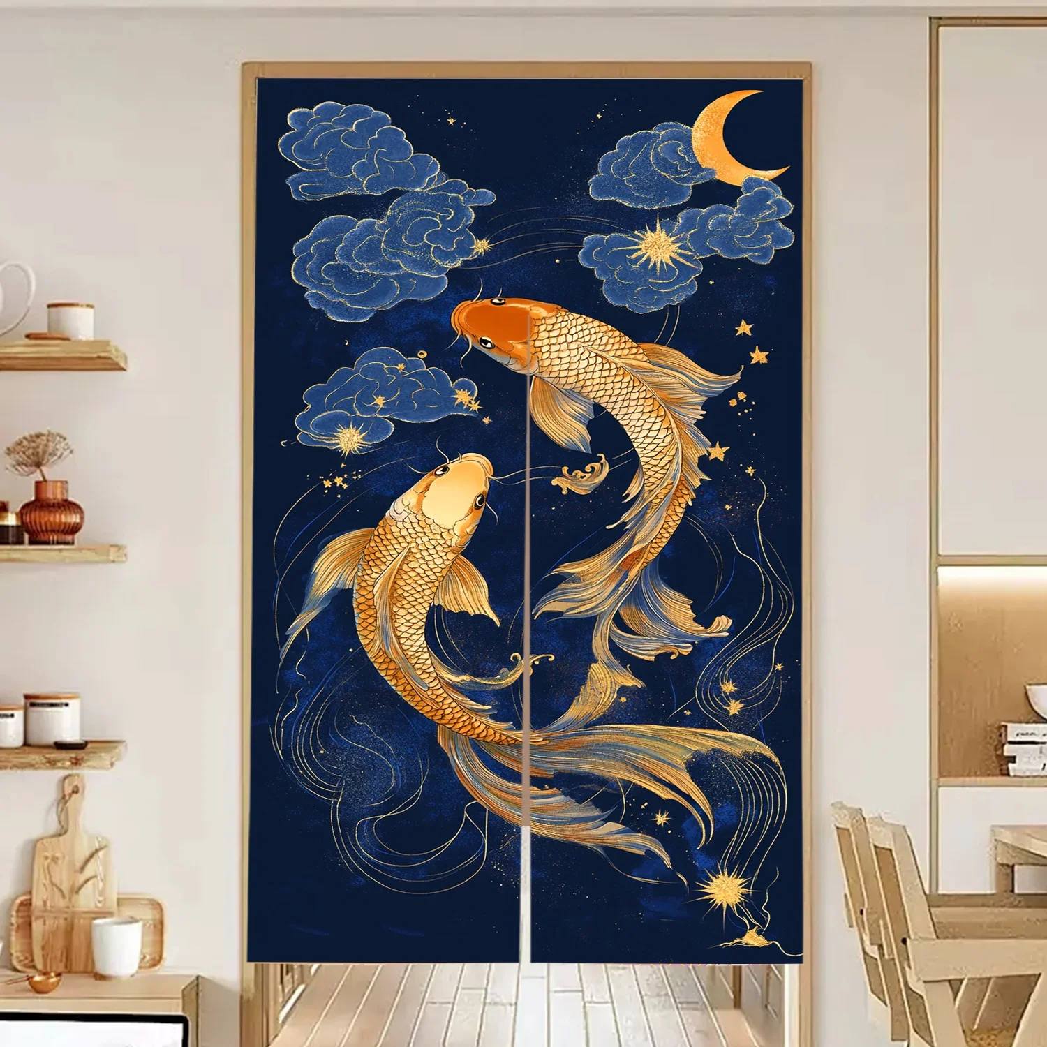 1 piece Feng Shui Koi pattern door curtain, polyester fabric, machine washable, suitable for bedroom and living room decoration