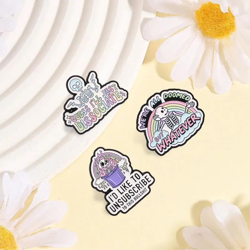 Pastel Goth Rainbow Skeleton Badge Enamel Pin Punk Skull & Humor Text Doomed But Whatever Dissociate Brooch Badge Jewelry Gifts