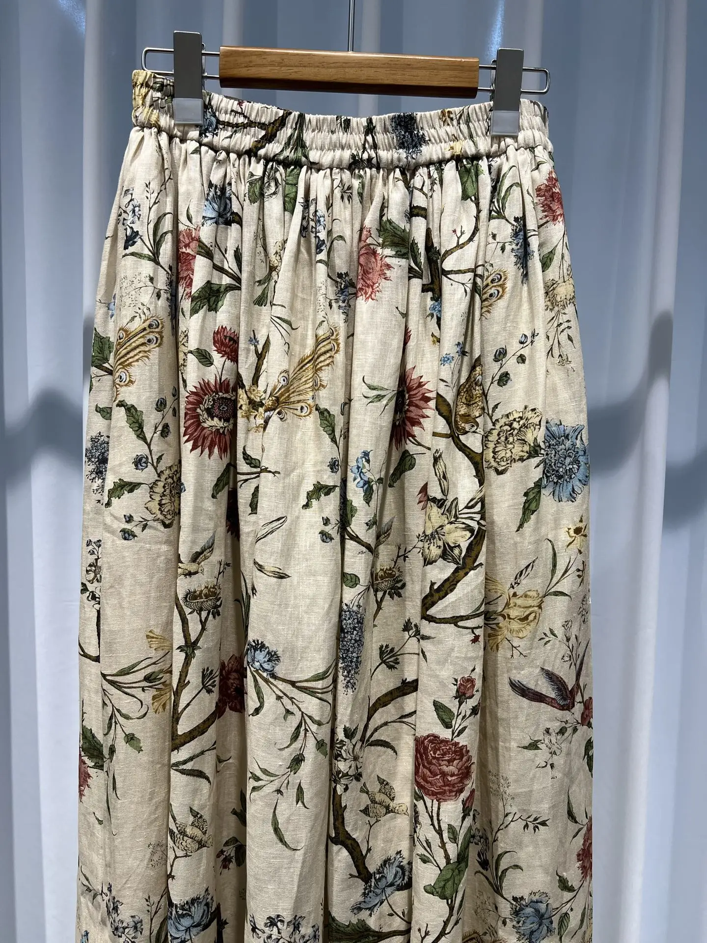 Women's Flower Print Long Skirt Elastic Waist Pleated Loose Female 100% Linen Skirt
