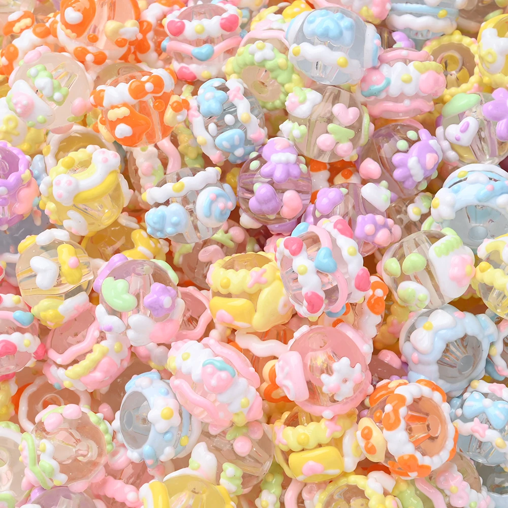 

10Pcs 15mm Resin Mixed Color Beads Creative Hand-drawn Hear Flower Clear Beads for Pacifier Clip, Necklace, Bracelet Decorative