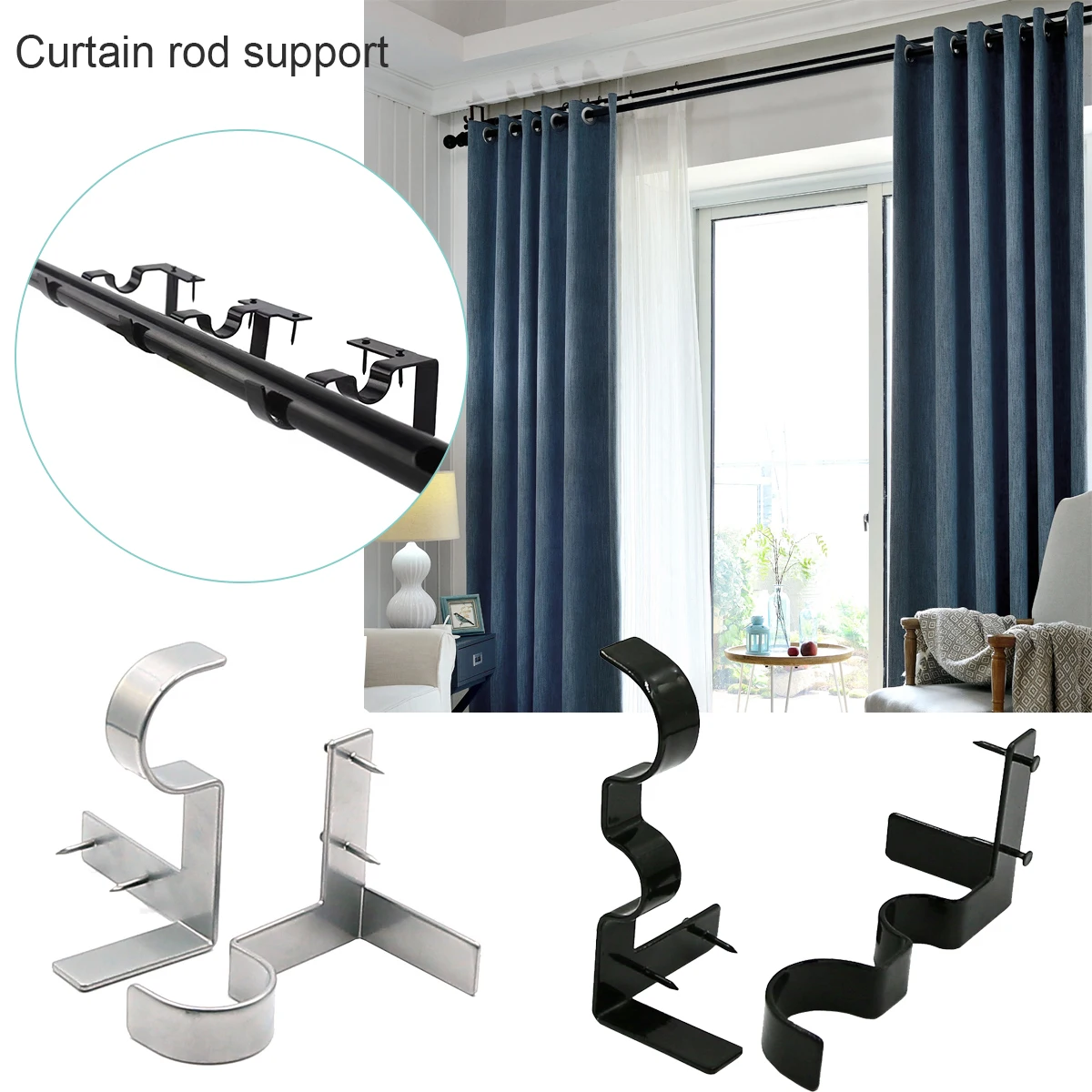 2Pcs Black/Sliver Extendable Curtain Rod Support With Screws Portable Wall-mounted Curtain Rod Bracket Adjustable Hanging Hook